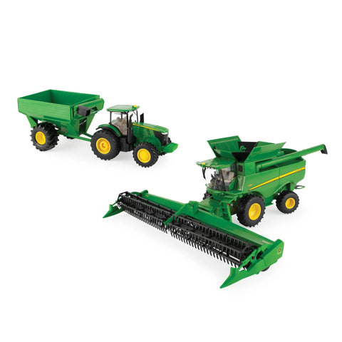 One Thirty Second Scale S780 Combine With Grain Head And 7290R Tractor Grain Cart Set For Kids Three Plus Farm Toy Collection