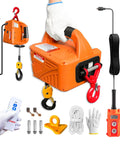 Orange 1100 lb electric hoist winch with wired/wireless remote; hook, rope, gloves, mounting hardware (front view)