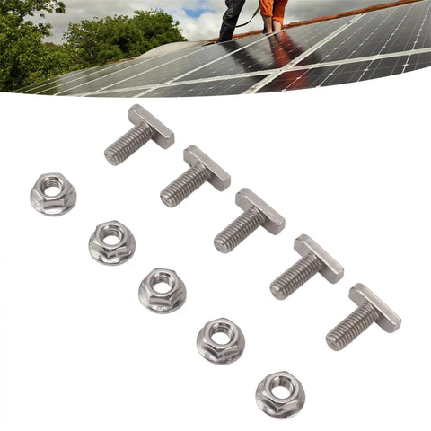 Heavy Hitter M8 X 20 Millimeter T Slot Drop In Hammer Head Stainless Steel Bolts With Ten Flange Nuts For Aluminum Tracks And Solar Rigs Built Tough For No Sweat Job Site Setup