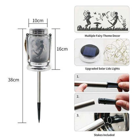 Diagram of 2 Pack Solar Fairy Lanterns For Garden Decor with glass jar, solar lid, fairy design, and staking instructions.