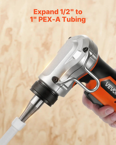 Cordless Tube Expander Kit With 20V Max Power Pro Grade For PEX A Tubing Expands One Half Inch Three Quarter Inch And One Inch Pipes 22000 RPM Brushless Motor Three Expanding Heads Two 2Ah Batteries Fast Charger Carrying Case in use with close-up of expander head