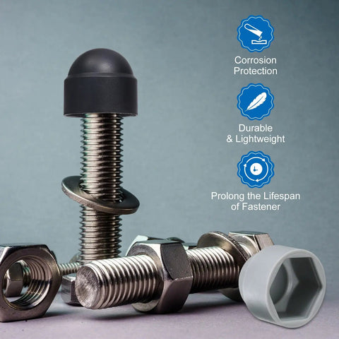 Six Pack Hex Nut Covers Fit M10 Bolts Like A Glove Hella Durable Plastic Screw Guards cover hex nuts and bolts for protection.