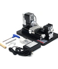 ZHRUI all-metal miniature lathe on black base with motor, carriage, and tailstock; includes power adapter and tools.