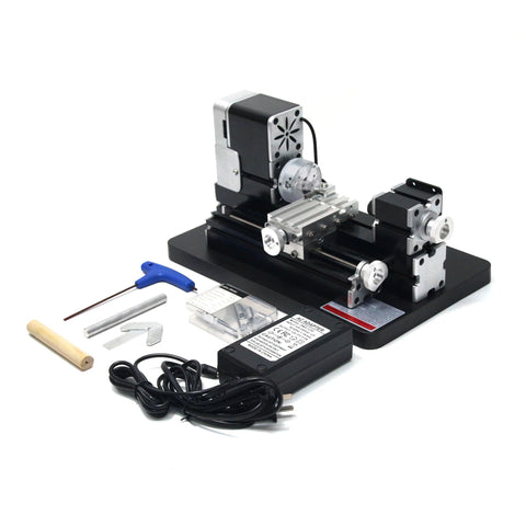 ZHRUI all-metal miniature lathe on black base with motor, carriage, and tailstock; includes power adapter and tools.