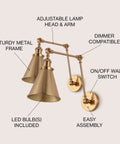 Gold Brass Industrial Swing Arm LED Wall Sconce For Bedroom And Reading Nook with adjustable metal shade, featured details.