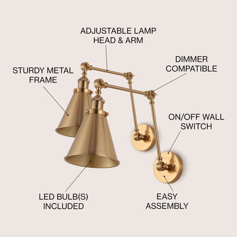 Gold Brass Industrial Swing Arm LED Wall Sconce For Bedroom And Reading Nook with adjustable metal shade, featured details.