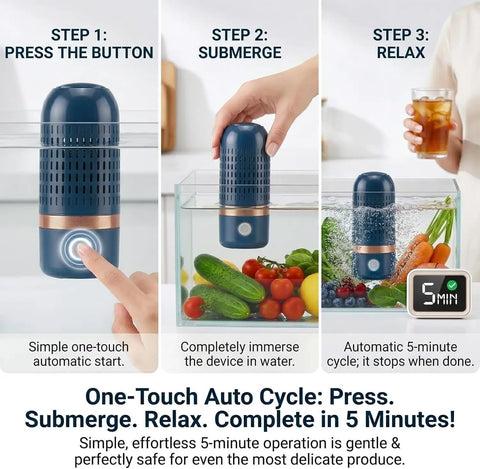 Cordless OH Ion Purifier for fruit veggies meat and seafood capsule shape cleaner that uses water only removes pesticide residues and pathogens chemical free fresh produce IPX7 waterproof blue in use submerged in water with fruits and vegetables.