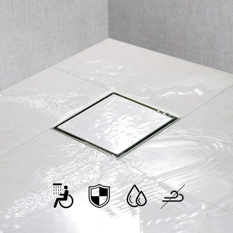 Top Notch 6 Inch Brushed Shower Drain With Full Flange Tile Insert and Blazing Fast X Shaped Diversion Groove For No Sweat Bathroom Water Runoff.