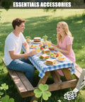 Heavy Duty Tablecloth Clips For Outdoor Tables 10 Pack Windproof Stainless Steel Clips Clamp Set Keeps Tablecloth Flat And Secure At Picnics Parties Weddings Camping Home And Restaurant Use holding checkered tablecloth on picnic table with people enjoying outdoor meal
