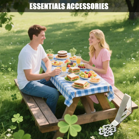 Heavy Duty Tablecloth Clips For Outdoor Tables 10 Pack Windproof Stainless Steel Clips Clamp Set Keeps Tablecloth Flat And Secure At Picnics Parties Weddings Camping Home And Restaurant Use holding checkered tablecloth on picnic table with people enjoying outdoor meal