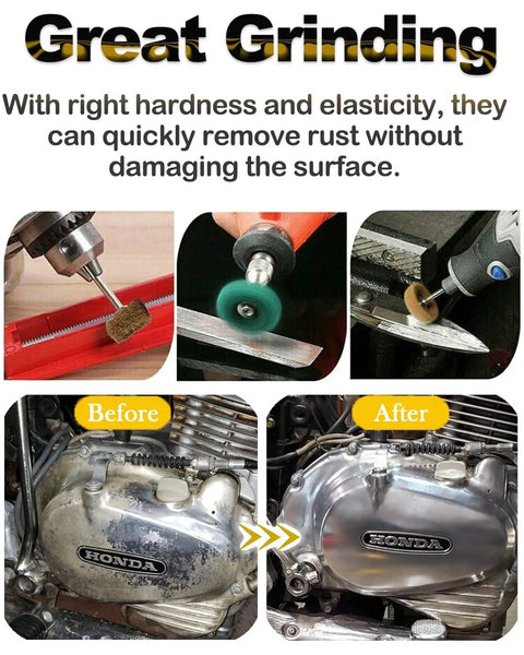 80Pcs 1In Rotary Tool Buffing And Polishing Wheel Set metal polishing before and after, showcasing rust removal on motorcycle engine.