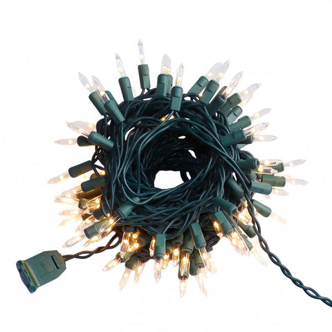 100 LED Warm White Christmas String Lights With 35 Ft White Wire, UL Certified Commercial Grade, coiled on white background