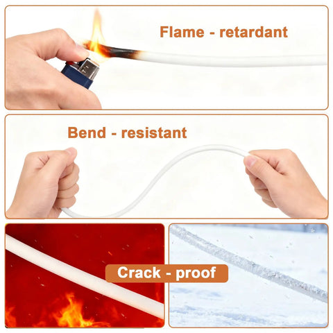 In-Wall Cable Management Kit For TV Mounts, Hidden Recessed Outlet Box, showing flame-retardant, bend-resistant, crack-proof cord tests