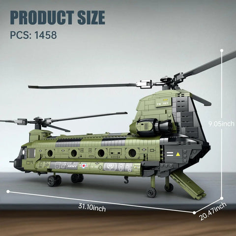 Side view of CH-47 Military Helicopter Building Set For Adults And Kids, model size and dimensions shown, collectible toy