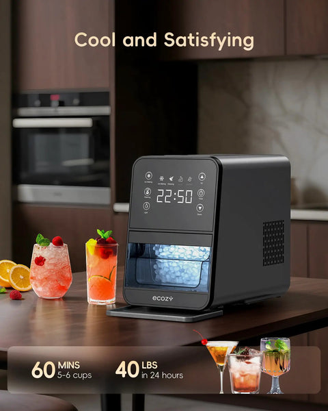 Countertop Nugget Ice Maker With 40 Lbs Per Day Capacity, Chewable Pebble Ice That Melts Slow, placed on a kitchen counter