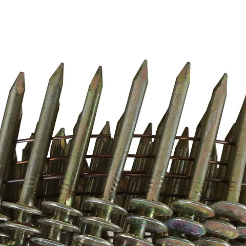 Hella Tough 15 Degree Wire Collated Galvanized Coil Roofing Nails For Asphalt Shingles Siding And Wall Sheathing In Heavy Duty Bulk Box With Seven Thousand Two Hundred Fasteners close-up of nails showing shank and head details.