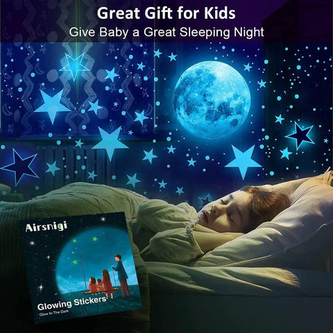 Child sleeping under Glow In The Dark Star And Moon Stickers Kit With 1120 Pieces For Ceiling Decor, moonlit ambiance