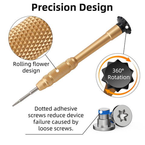 Close-up of precision screwdriver with rolling flower design, part of 1 Piece Screwdriver And 10 Piece Screw Set For Ray Ban Meta Wayfarer Skyler Headliner Gen 2 And Oakley Meta HSTN Smart Glasses Temple Screws Replacement Kit Quick Fix For Loose Temples.