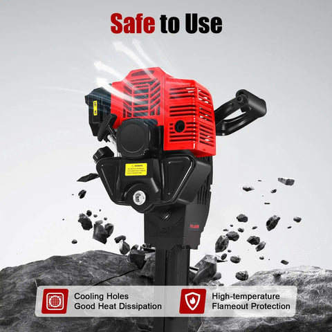 Close-up of 52Cc Gas Jack Hammer With 2.4Hp Two Stroke Engine Plus Two Steel Picks, showcasing cooling features and robust design.