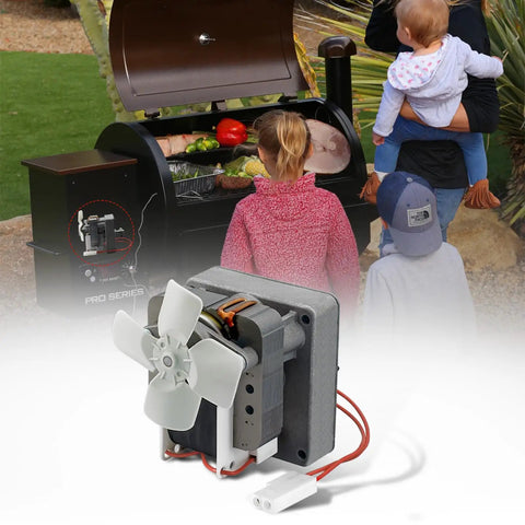 Heavy-Duty 2.0 RPM Auger Motor Replacement For Universal AC Pellet Grills in front of a family barbecuing