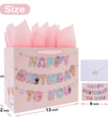 13 Inch Large Cat Birthday Gift Bag Set With Handles, Greeting Card, Pink Tissue Paper, Kitty Themed Stickers, Banner size shown