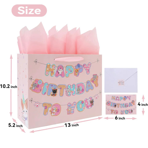 13 Inch Large Cat Birthday Gift Bag Set With Handles, Greeting Card, Pink Tissue Paper, Kitty Themed Stickers, Banner size shown