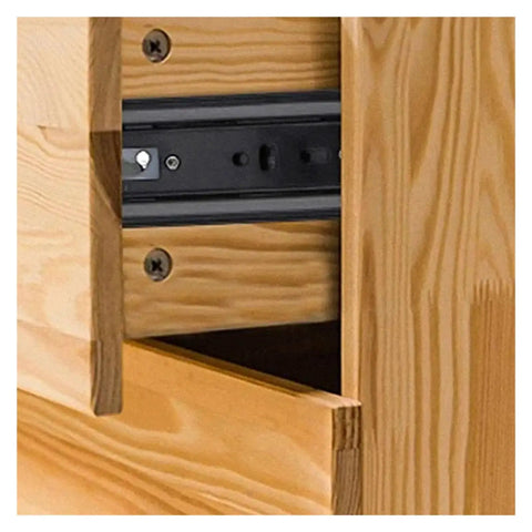 Rugged Heavy Duty Side Mounted Ball Bearing Drawer Slides One Pair Full Extension Triple Fold installed in wooden drawer.