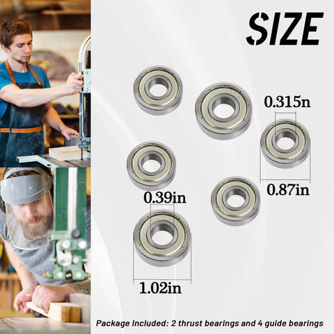 Six Piece Saw Bearings Set For Grizzly G0555 Band Saw With Replacement And Guide Bearings Displaying Sizes