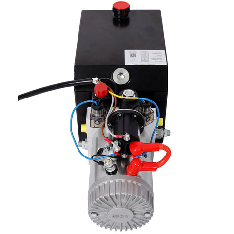 Heavy Duty 3200 PSI 12V DC Double Acting Hydraulic Power Unit Pump With 6 Qt Steel Reservoir, close-up of motor and control components.