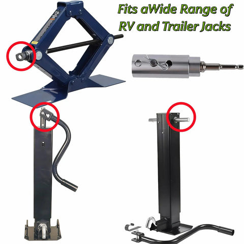 Rock Solid One Inch Drive Trailer Jack Drill Adapter For Up To Twelve Thousand Pound Rigs Works With Standard Cordless Or Gas Drills Up To Five Hundred RPM Easy Install For Big Rig Owners And Weekend Warriors with various RV trailer jacks