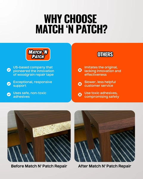 Comparison of table before and after using Wood Grain Repair Tape Dark Walnut 2.25 In X 15 Ft 1 Pack Easy Peel And Apply Durable Wood Grain Duct Tape.