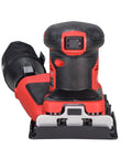 Cordless Eighteen Volt Quarter Sheet Finish Sander With Pro Grade Dust Collector And Variable Speed Dial For Easy Sanding Jobs And Zero Hand Fatigue On All Day Grinds, front view showing power button and smooth finish.