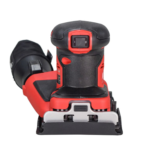 Cordless Eighteen Volt Quarter Sheet Finish Sander With Pro Grade Dust Collector And Variable Speed Dial For Easy Sanding Jobs And Zero Hand Fatigue On All Day Grinds, front view showing power button and smooth finish.