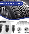 Close-up of tire and three plug sizes with screwdriver from 100 Piece Screw Tire Plug Kit With Screwdriver Three Sized Plugs For Quick Puncture Repair Self Tapping Rubber Nail Tire Repair Kit For Car Truck Motorcycle Durable Easy Install
