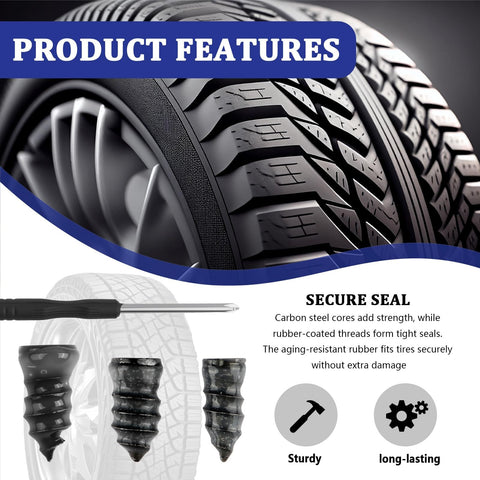 Close-up of tire and three plug sizes with screwdriver from 100 Piece Screw Tire Plug Kit With Screwdriver Three Sized Plugs For Quick Puncture Repair Self Tapping Rubber Nail Tire Repair Kit For Car Truck Motorcycle Durable Easy Install