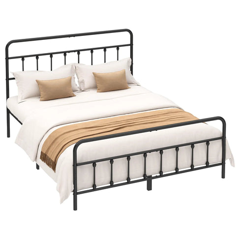 Zero Creak Full Size Metal Bed Frame With Heavy Duty Steel Construction Headboard And Footboard Ready featuring a neutral bedding setup and decorative pillows.