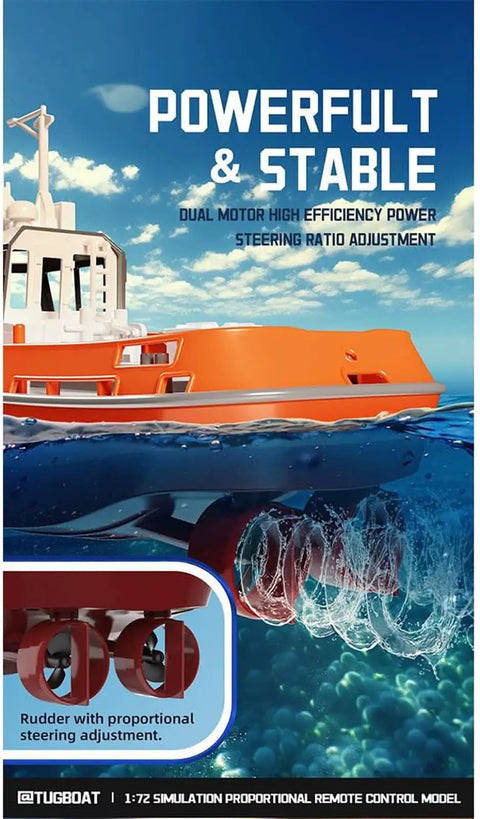 Beast Speed Remote Control Tugboat Model with dual motor power and steering adjustment, visible rudder, 1:72 scale