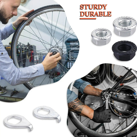 Mechanic using Must Have Mountain Bike Axle Nut And Safety Washer Kit with M8 M9.5 M10 nuts for wheel repair.