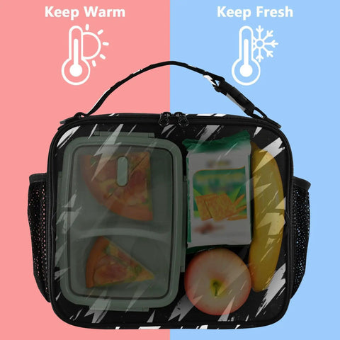 Retro Lightning Bolt Pattern Insulated Lunch Bag For Work School Travel On The Go Carrier With Thermal Insulation And Easy Clean Interior Durable Polyester Keeps Meals Fresh All Day, black lunch bag with handle
