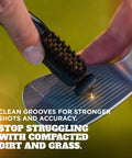 Golf Club Cleaner With Ergonomic Grip And 2.5 Feet Retractable Cord, Pink, Replaceable Bristle Heads And Groove Cleaner For Clean Clubs And Sharper Shots On The Course in use on iron grooves
