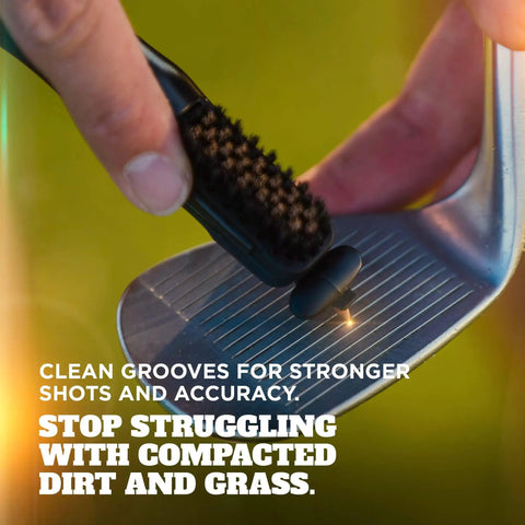 Golf Club Cleaner With Ergonomic Grip And 2.5 Feet Retractable Cord, Pink, Replaceable Bristle Heads And Groove Cleaner For Clean Clubs And Sharper Shots On The Course in use on iron grooves