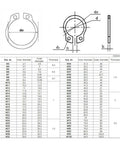 Heavy Duty Internal Shaft Circlips Top Shelf Manganese Steel Precision Retaining Rings size chart with measurements.