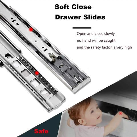 Two Pack Beefy Heavy Duty Soft Close Drawer Slides For Cabinets, 28 Inch 700mm, 3-Section Ball Bearing Rails shown with child safety