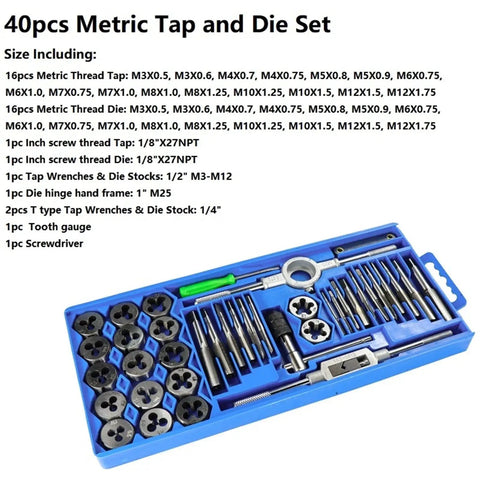 Heavy Duty Tap And Die Set With Wrench For Precision Threading Repairs on Cars And Machinery. Compact Alloy Steel Hand Tools Kit Perfect For DIY Enthusiasts And Pro Mechanics Who Need Durable, Easy Portability For Any Confined Space Job On Site Today. 40pcs metric set with wrench
