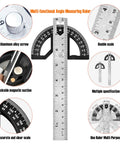 Heavy Duty Eight Inch Stainless Steel Angle Finder With 0 To 180 Degree Adjustable Protractor Ruler And Thumb Lock, precision dual scale ruler features magnetic suction.