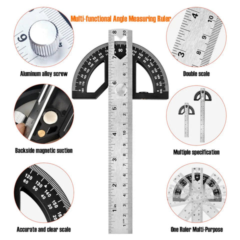 Heavy Duty Eight Inch Stainless Steel Angle Finder With 0 To 180 Degree Adjustable Protractor Ruler And Thumb Lock, precision dual scale ruler features magnetic suction.