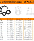 9 different sizes copper flat washers with diagram and size chart showing dimensions in mm and inches