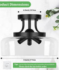 Black Semi Flush Mount Ceiling Light With Clear Glass Shade, dimensions shown, 3-Bulb Fixture for Kitchen Bedroom Living Room