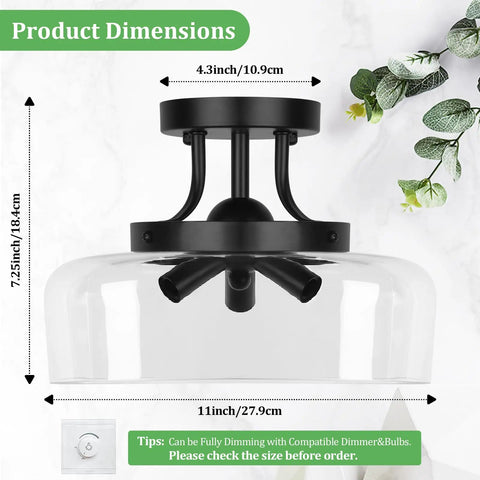 Black Semi Flush Mount Ceiling Light With Clear Glass Shade, dimensions shown, 3-Bulb Fixture for Kitchen Bedroom Living Room
