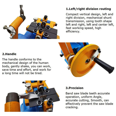 Pro-Grade Manual Saw Splitter And Blade Tooth Toggler For 0.39 To 1.57 In Blades, Breaker Plier Up To 500 Teeth Per Minute, Manual Band Saw Shunt Machine, Heavy Duty Metal Construction With Left Right Branching Transmission, featuring division routing, ergonomic handle, and precision teeth adjustment mechanism.